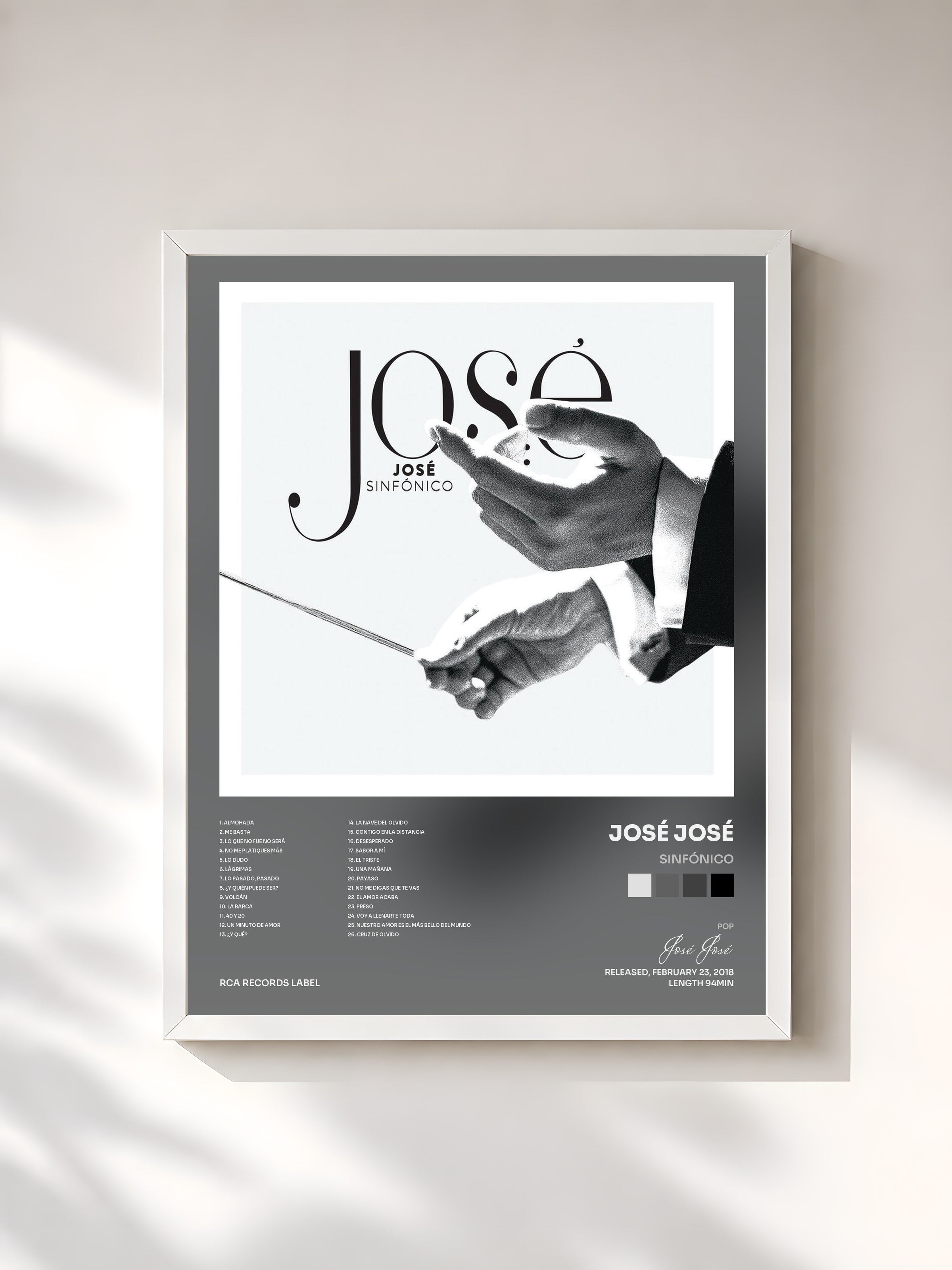 #blanc Tableau de l'album Sinfónico de José José, cadre blanc, imprimé et encadré en France