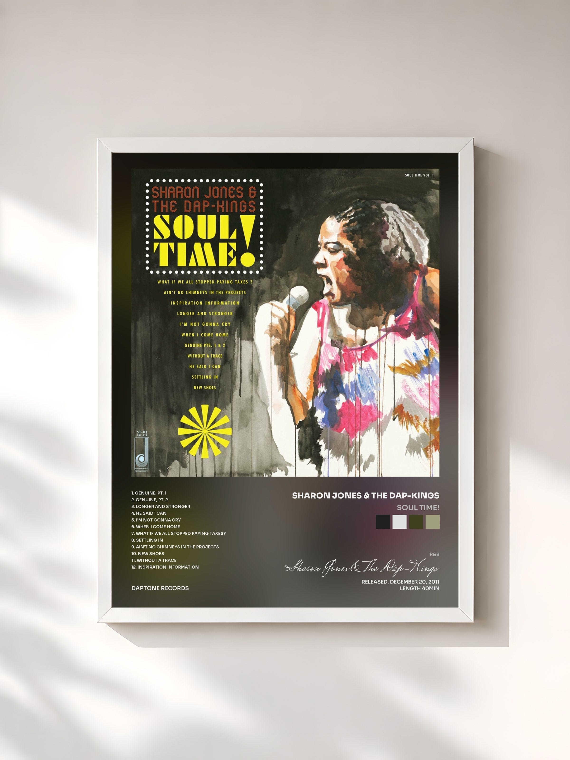 #blanc Tableau de l'album Soul Time! de Sharon Jones & The Dap-Kings, cadre blanc, imprimé et encadré en France