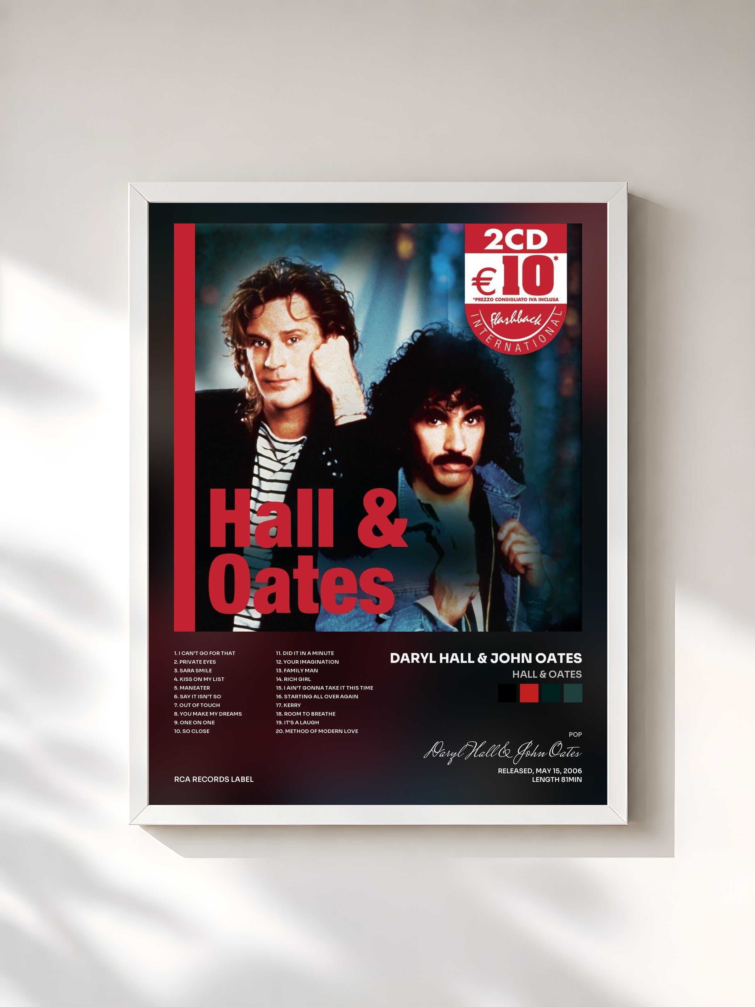 #blanc Tableau de l'album Hall & Oates de Daryl Hall & John Oates, cadre blanc, imprimé et encadré en France