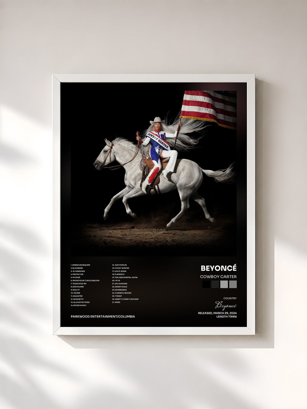 #blanc Tableau de l'album COWBOY CARTER de Beyoncé, cadre blanc, imprimé et encadré en France