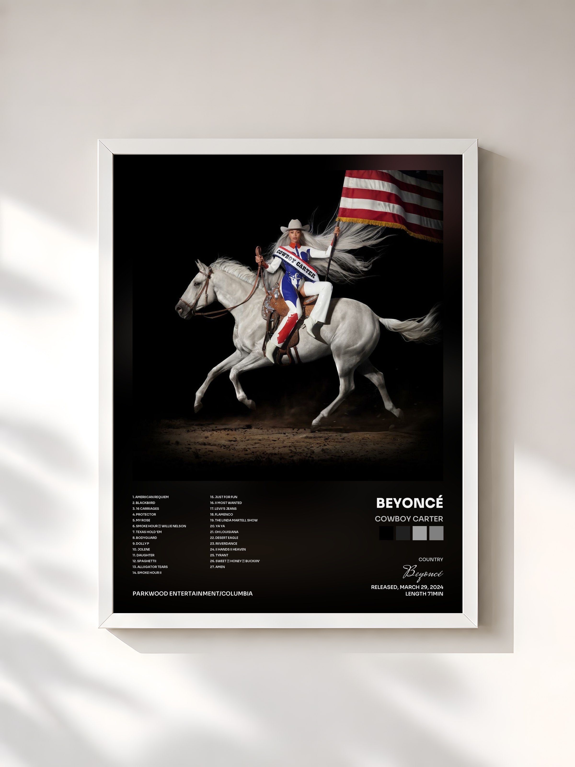 #blanc Tableau de l'album COWBOY CARTER de Beyoncé, cadre blanc, imprimé et encadré en France