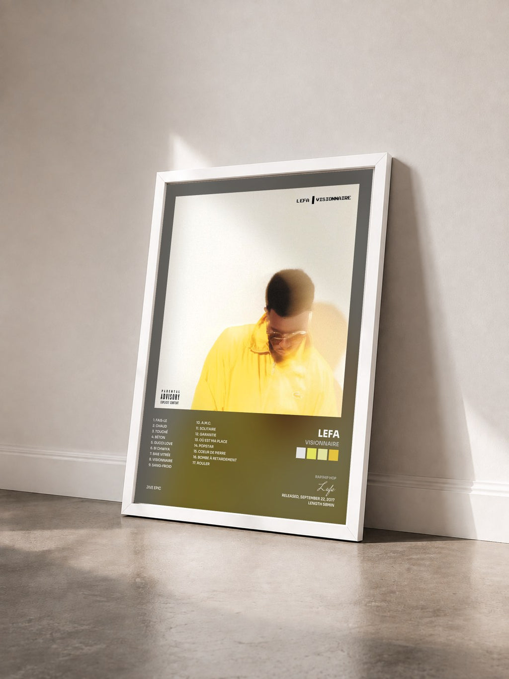 #blanc Tableau de l'album Visionnaire de Lefa vu de trois quarts, cadre blanc