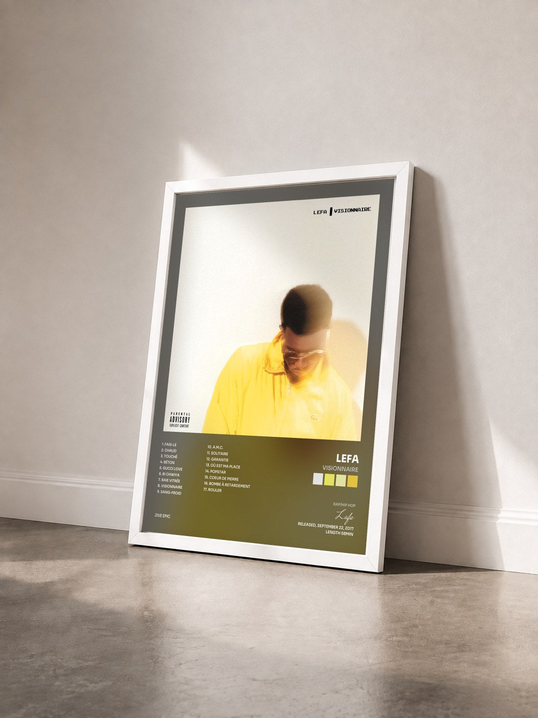 #blanc Tableau de l'album Visionnaire de Lefa vu de trois quarts, cadre blanc