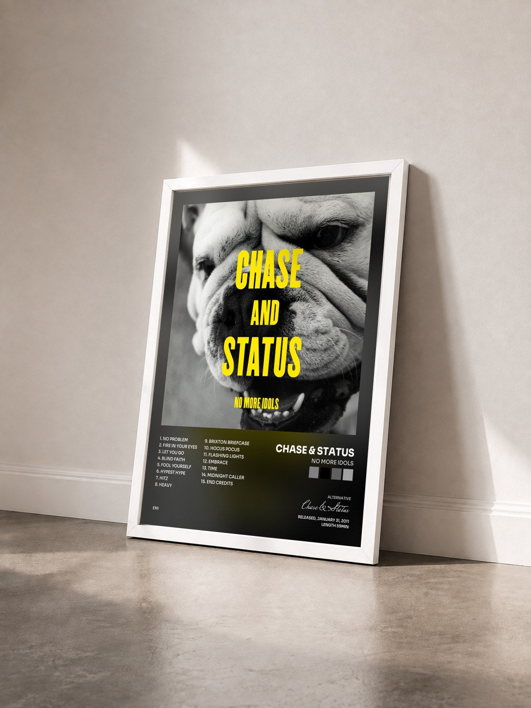 #blanc Tableau de l'album No More Idols de Chase & Status vu de trois quarts, cadre blanc