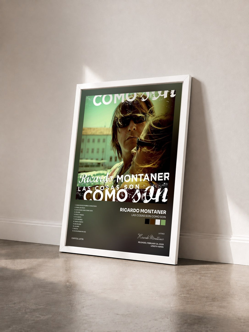 #blanc Tableau de l'album Las Cosas Son Como Son de Ricardo Montaner vu de trois quarts, cadre blanc