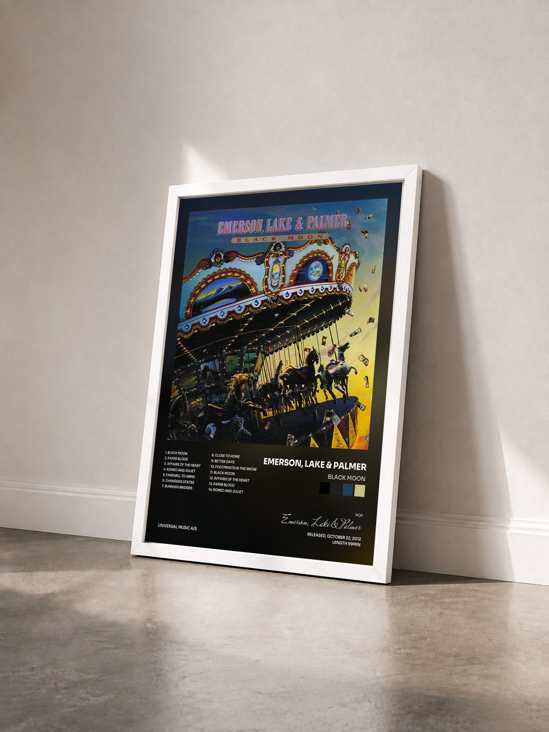 #blanc Tableau de l'album Black Moon de Emerson, Lake & Palmer vu de trois quarts, cadre blanc