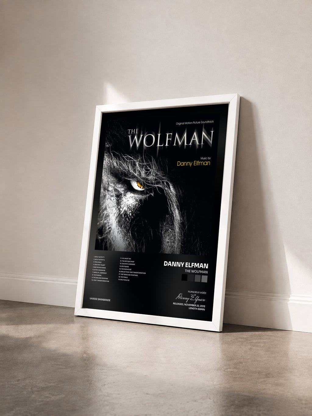 #blanc The Wolfman by Danny Elfman as a framed art print seen at an angle, white frame