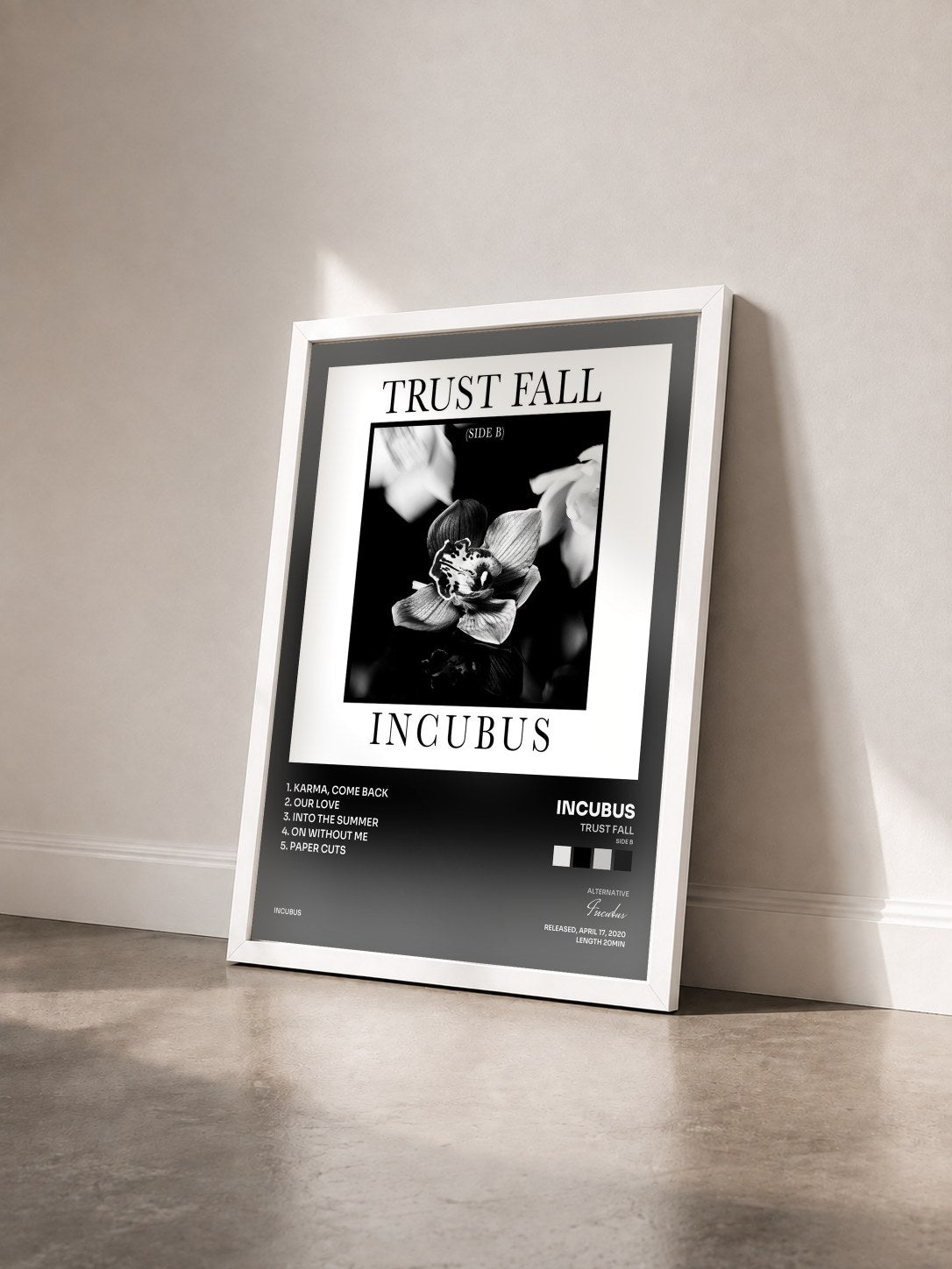 #blanc Trust Fall (Side B) de Incubus en lámina enmarcada vista de tres cuartos, marco blanco