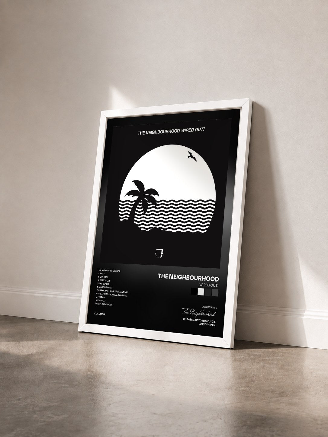 #blanc Tableau de l'album Wiped Out! de The Neighbourhood vu de trois quarts, cadre blanc