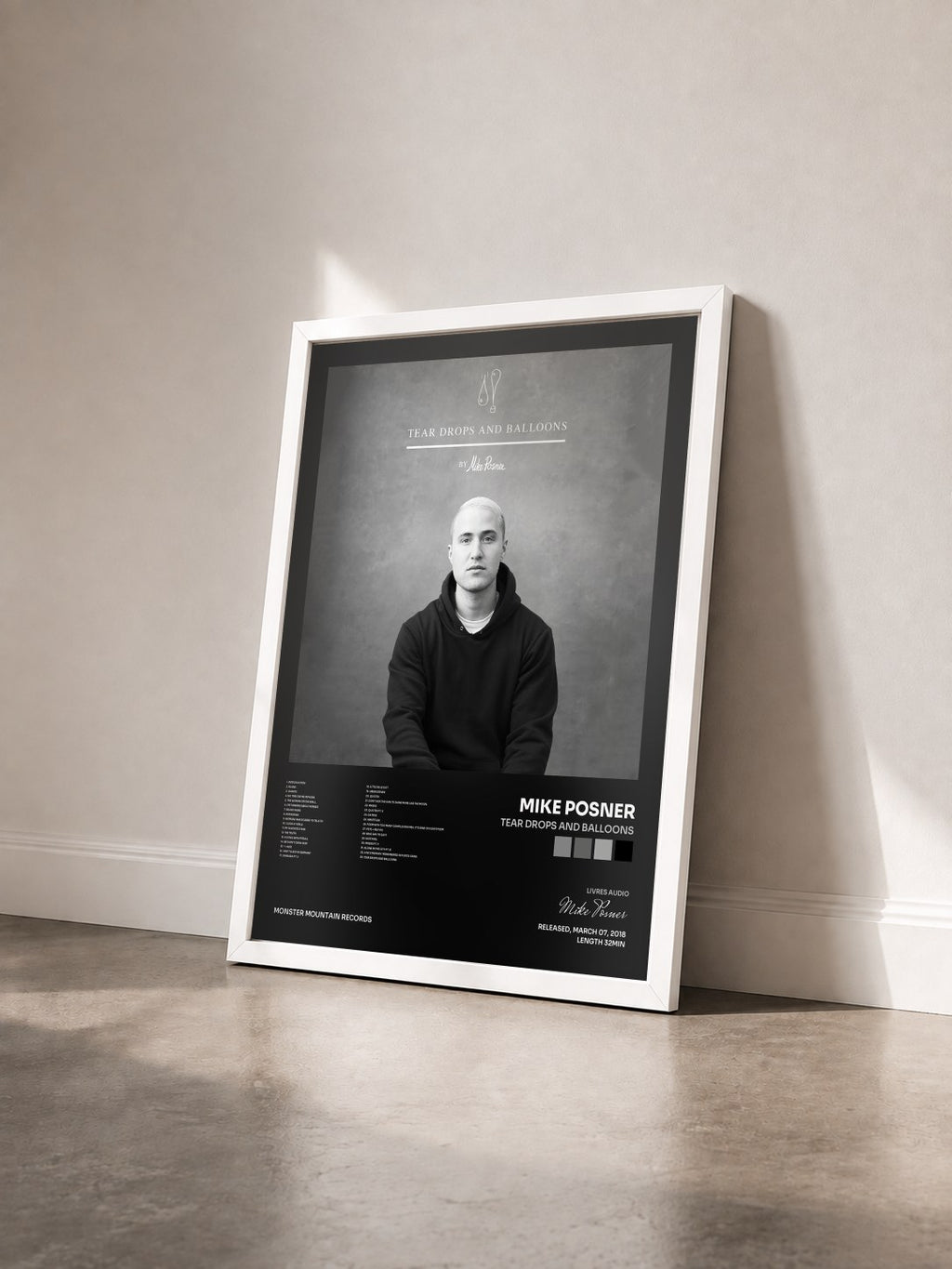 #blanc Tableau de l'album Tear Drops and Balloons de Mike Posner vu de trois quarts, cadre blanc