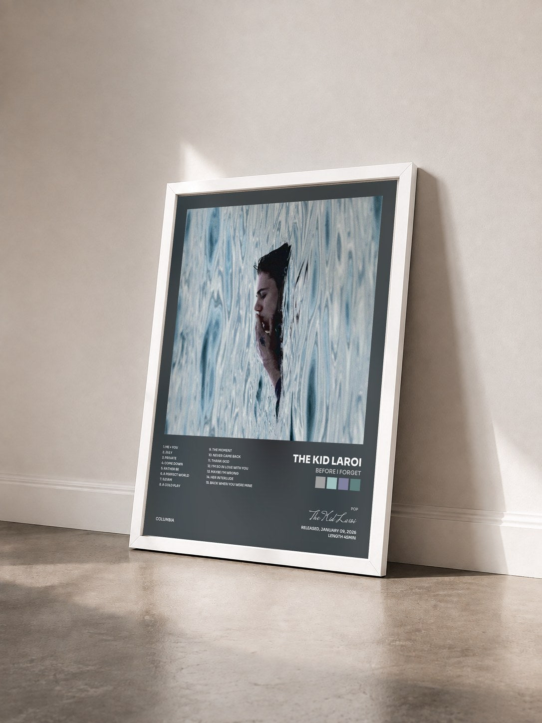 #blanc BEFORE I FORGET by The Kid Laroi as a framed art print seen at an angle, white frame