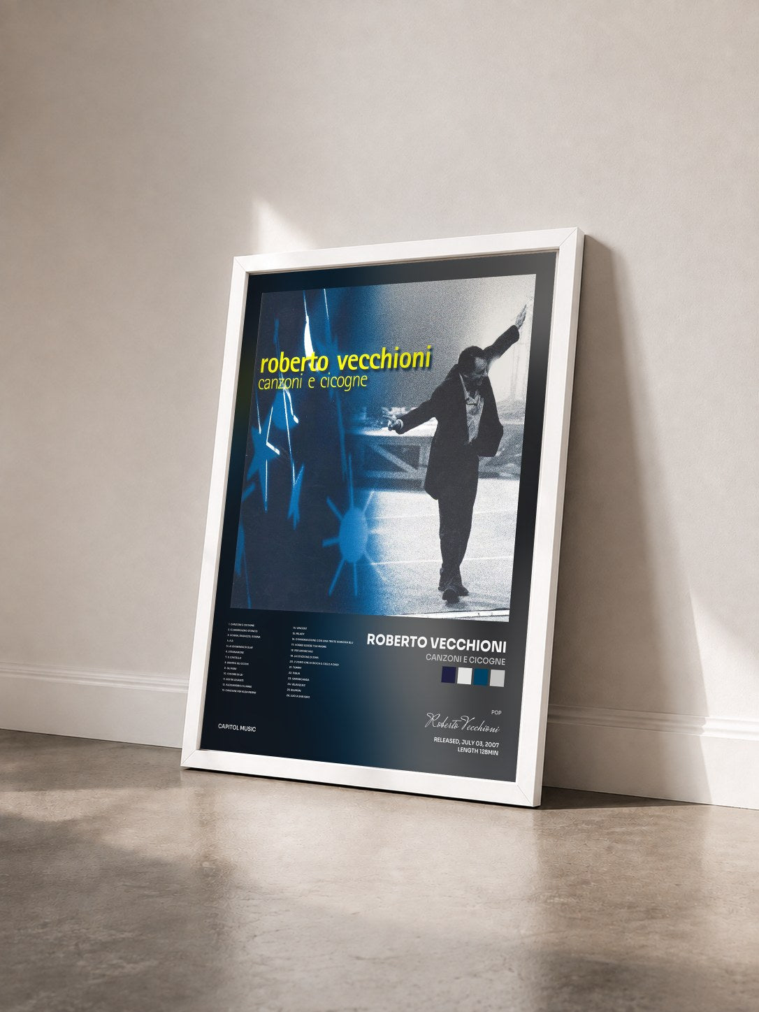 #blanc Tableau de l'album Canzoni E Cicogne de Roberto Vecchioni vu de trois quarts, cadre blanc
