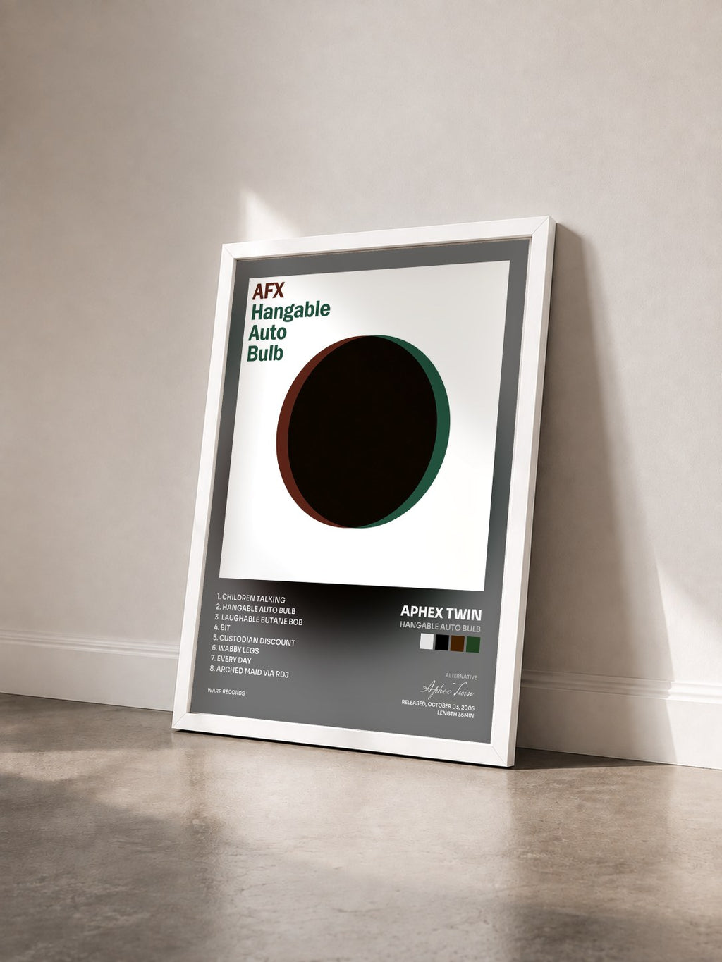 #blanc Tableau de l'album Hangable Auto Bulb de Aphex Twin vu de trois quarts, cadre blanc