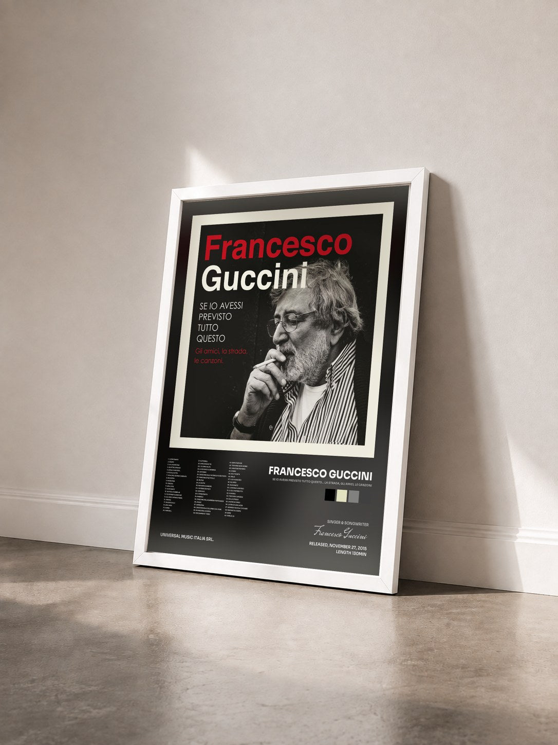 #blanc Tableau de l'album Se Io Avessi Previsto Tutto Questo... La Strada, Gli Amici, Le Canzoni de Francesco Guccini vu de trois quarts, cadre blanc