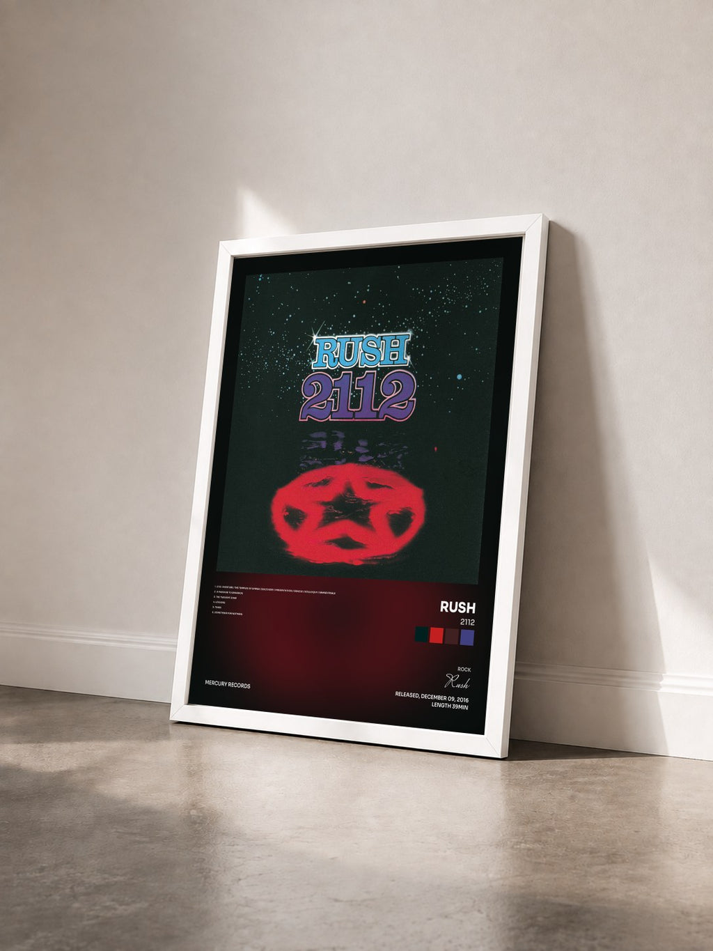 #blanc Tableau de l'album 2112 de Rush vu de trois quarts, cadre blanc