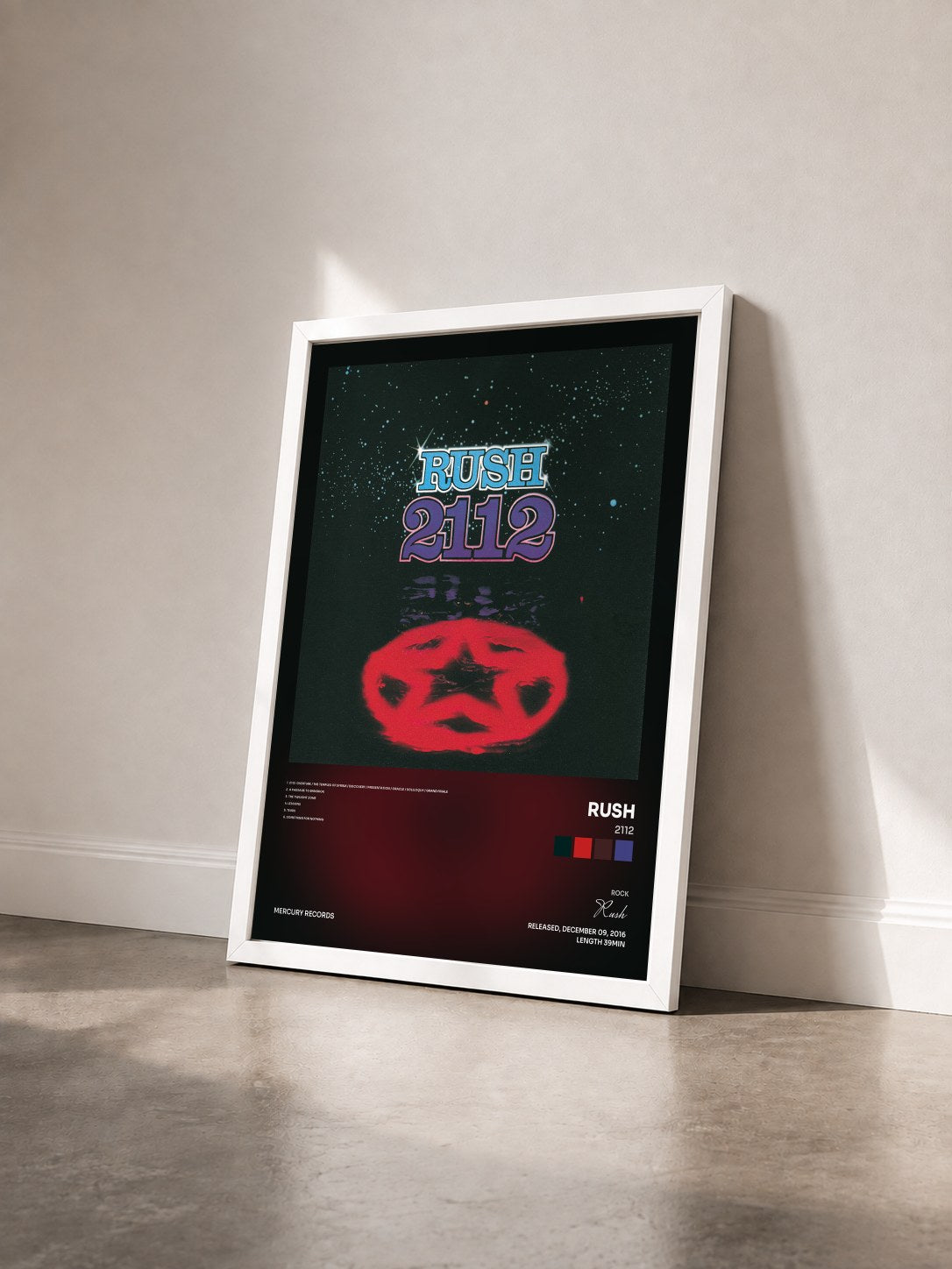 #blanc Tableau de l'album 2112 de Rush vu de trois quarts, cadre blanc