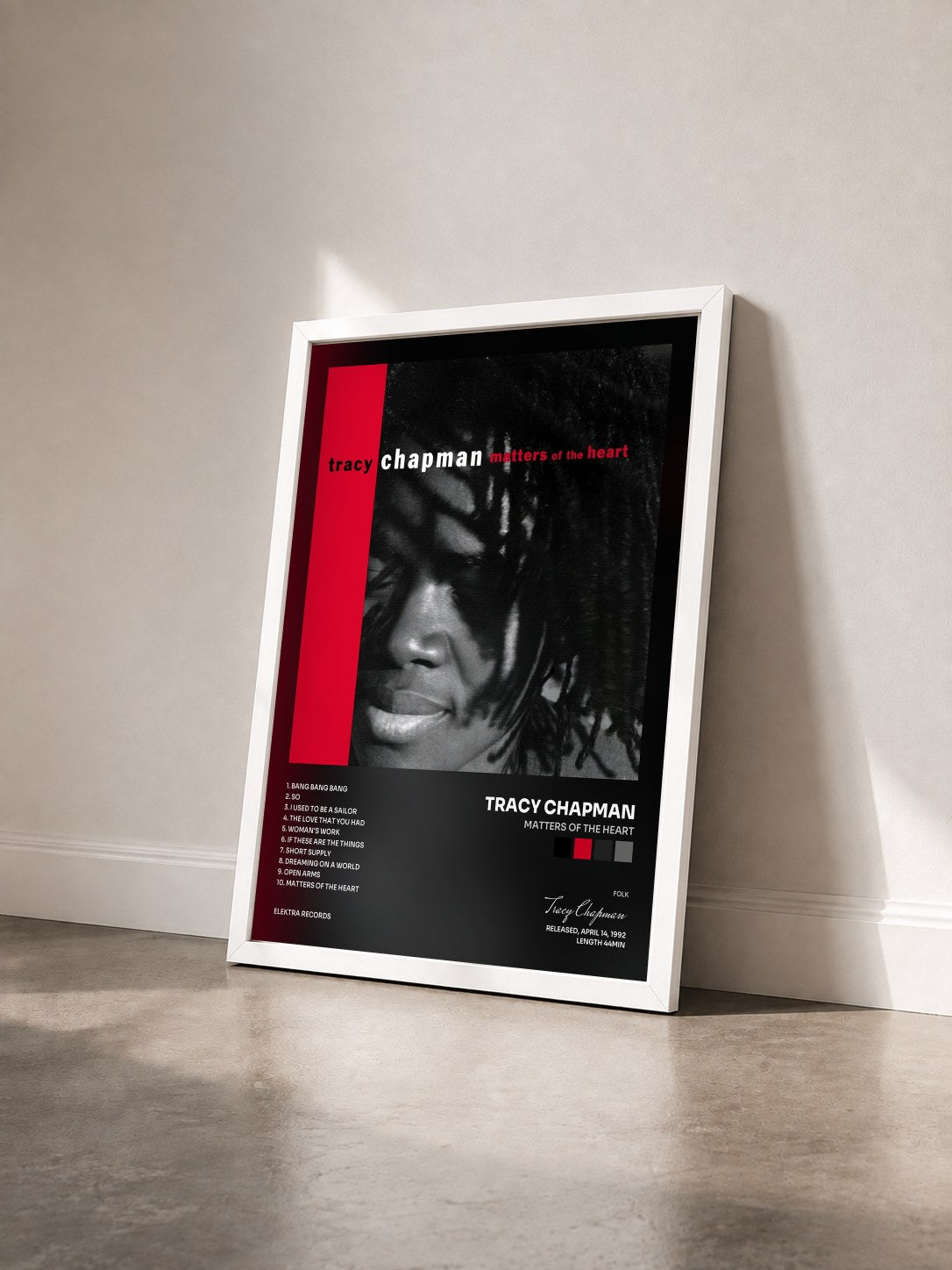 #blanc Tableau de l'album Matters of the Heart de Tracy Chapman vu de trois quarts, cadre blanc