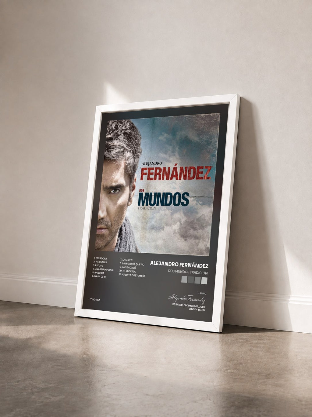 #blanc Tableau de l'album Dos Mundos Tradición de Alejandro Fernández vu de trois quarts, cadre blanc