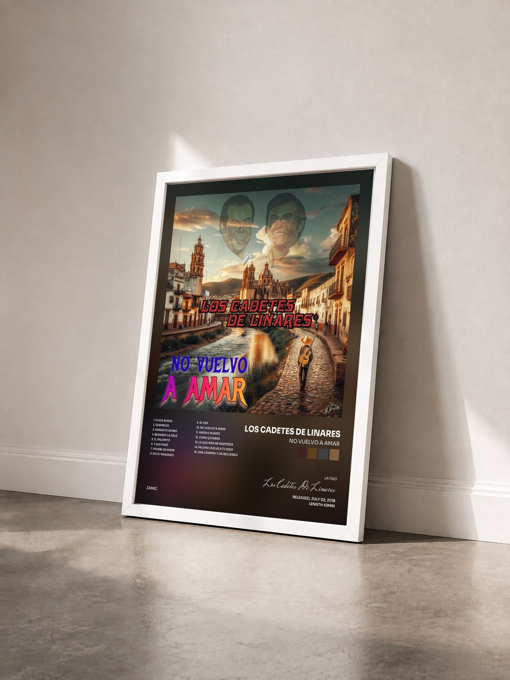 #blanc No Vuelvo A Amar by Los Cadetes De Linares as a framed art print seen at an angle, white frame
