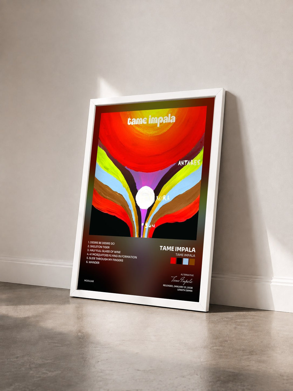 #blanc Tame Impala by Tame Impala as a framed art print seen at an angle, white frame