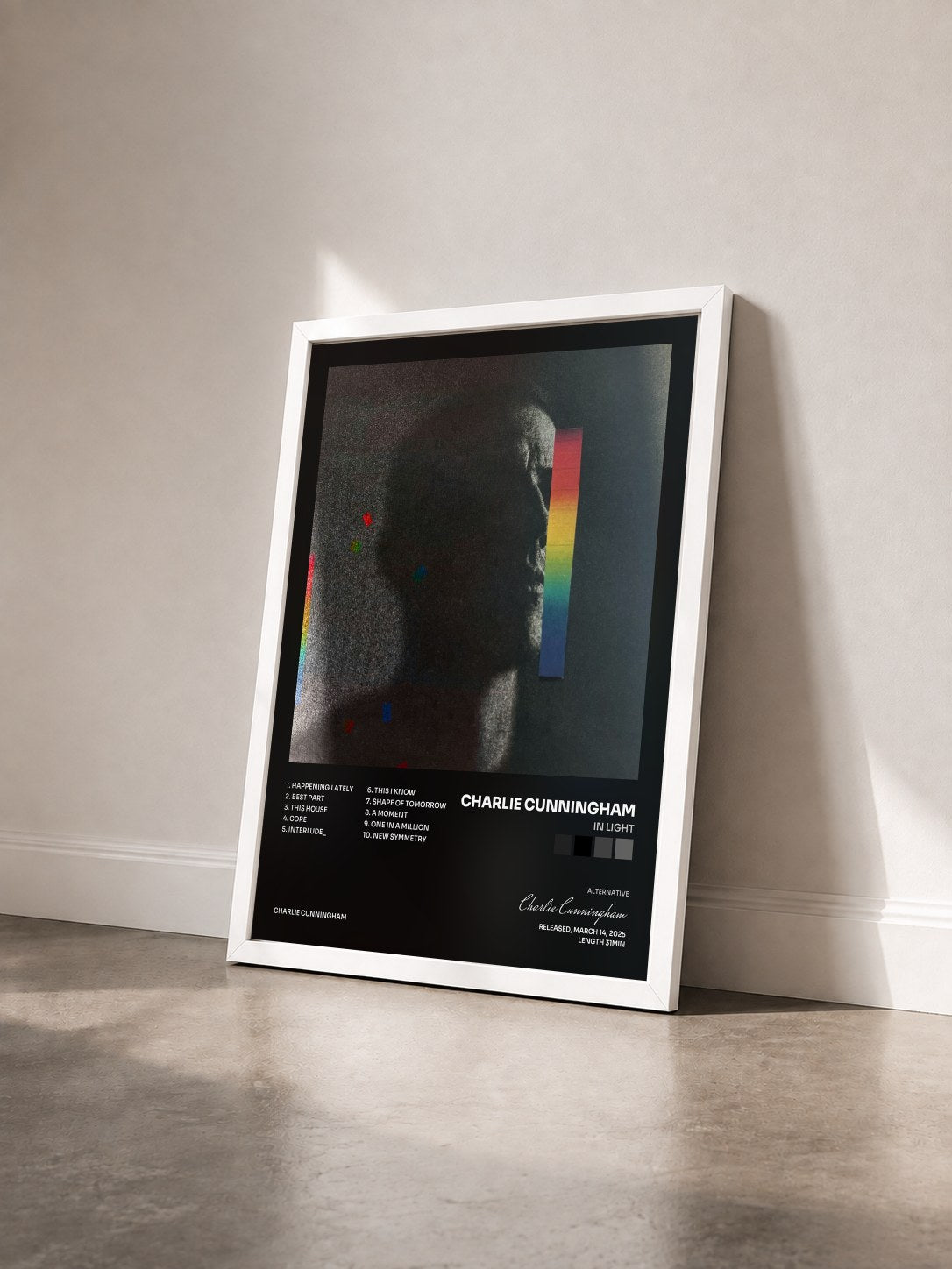 #blanc Tableau de l'album In Light de Charlie Cunningham vu de trois quarts, cadre blanc