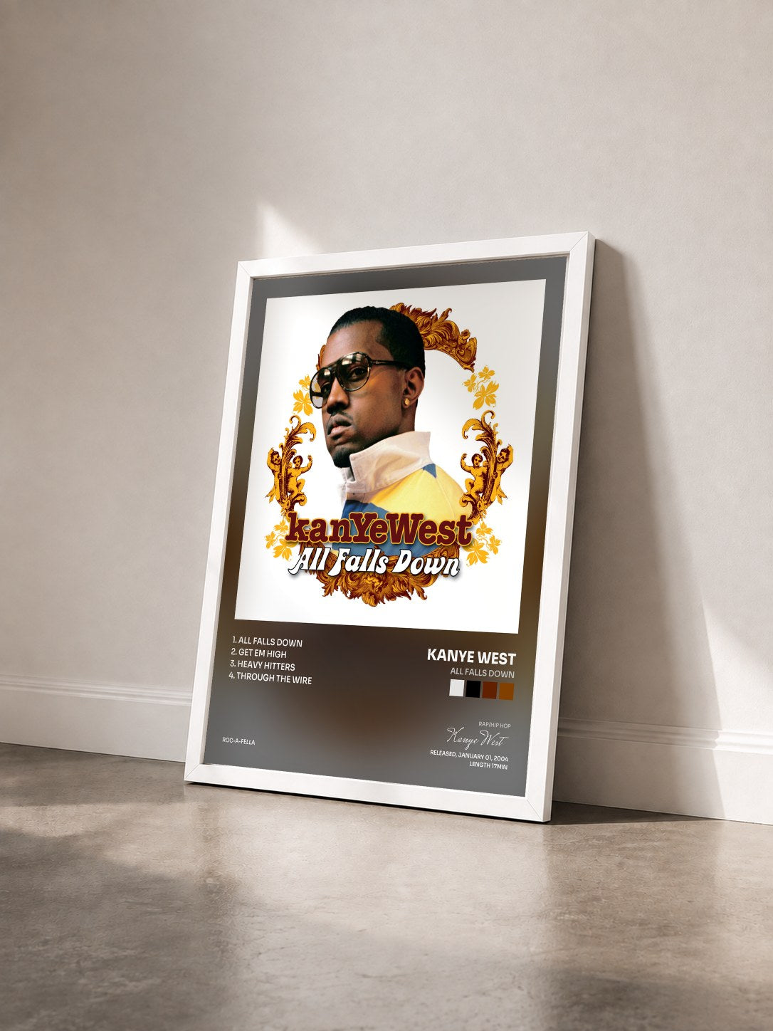 #blanc Tableau de l'album All Falls Down de Kanye West vu de trois quarts, cadre blanc