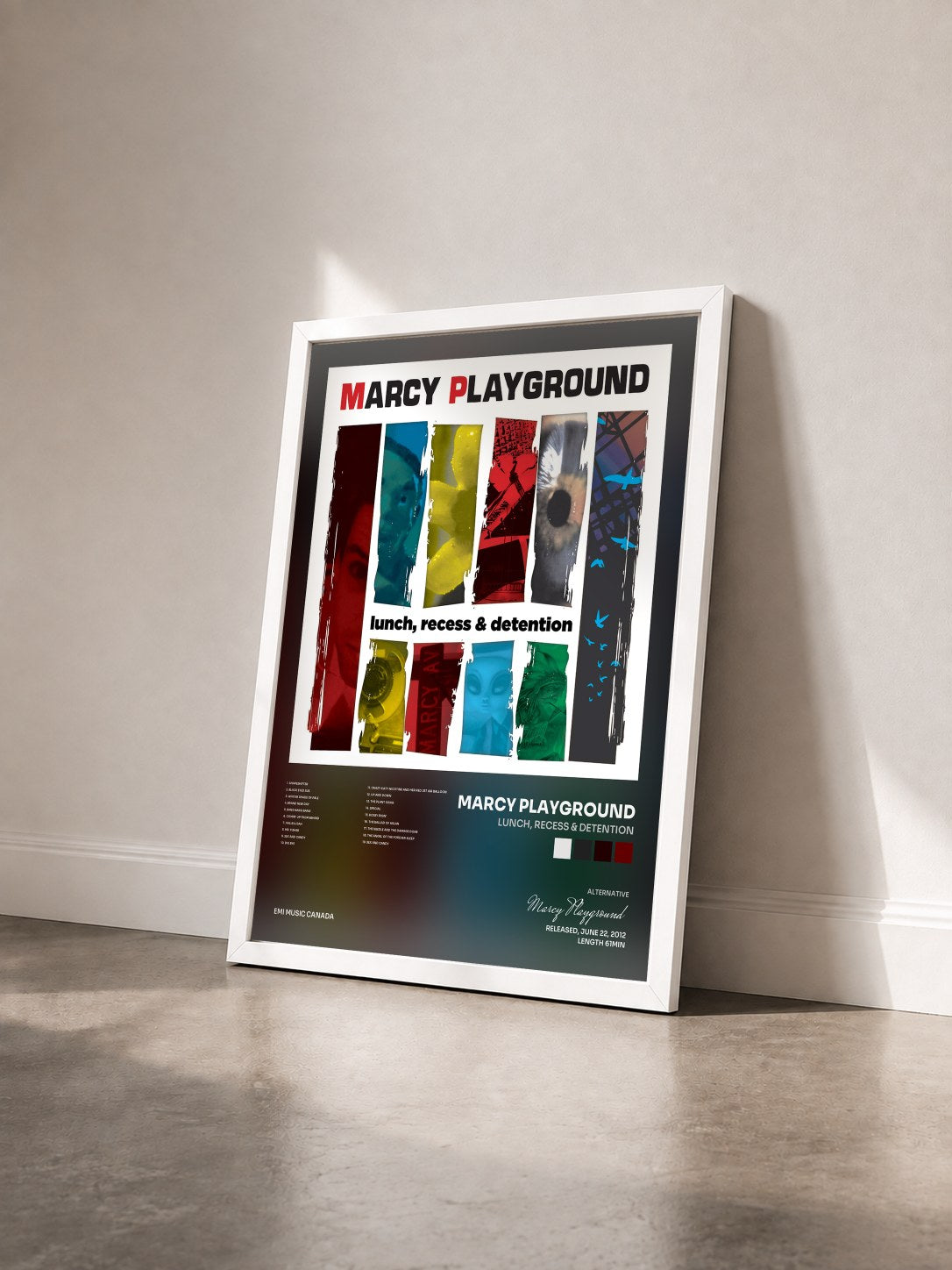 #blanc Tableau de l'album Lunch, Recess & Detention de Marcy Playground vu de trois quarts, cadre blanc