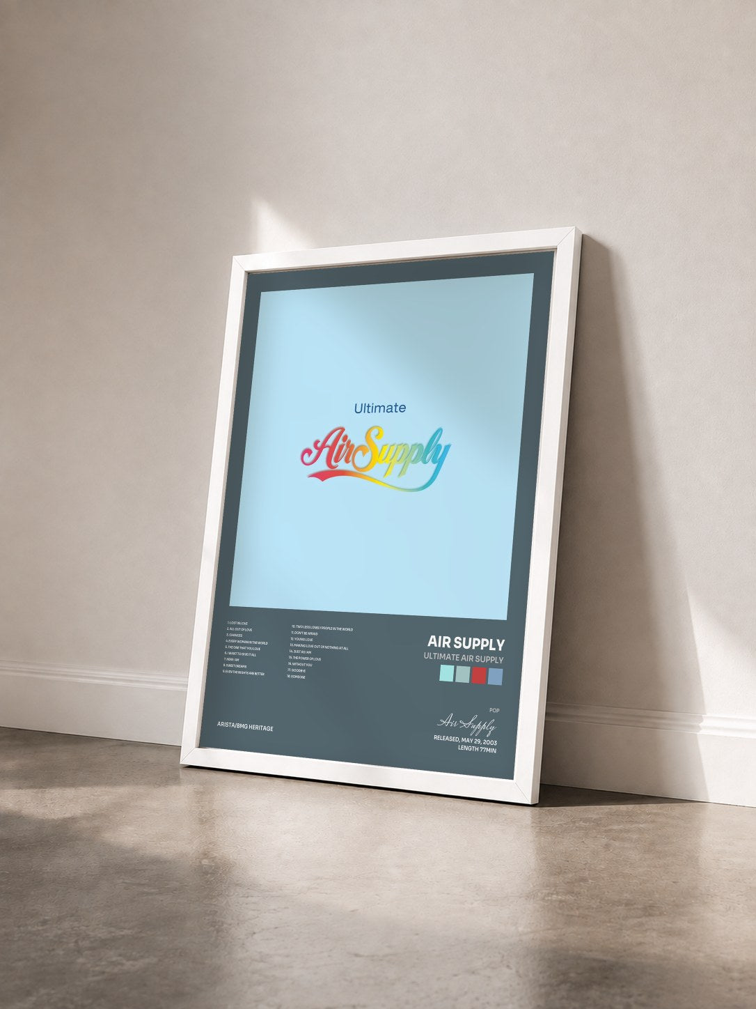#blanc Ultimate Air Supply by Air Supply as a framed art print seen at an angle, white frame