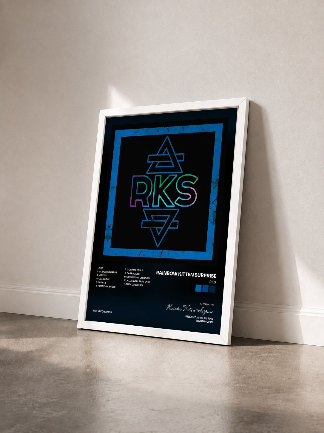 #blanc Tableau de l'album RKS de Rainbow Kitten Surprise vu de trois quarts, cadre blanc