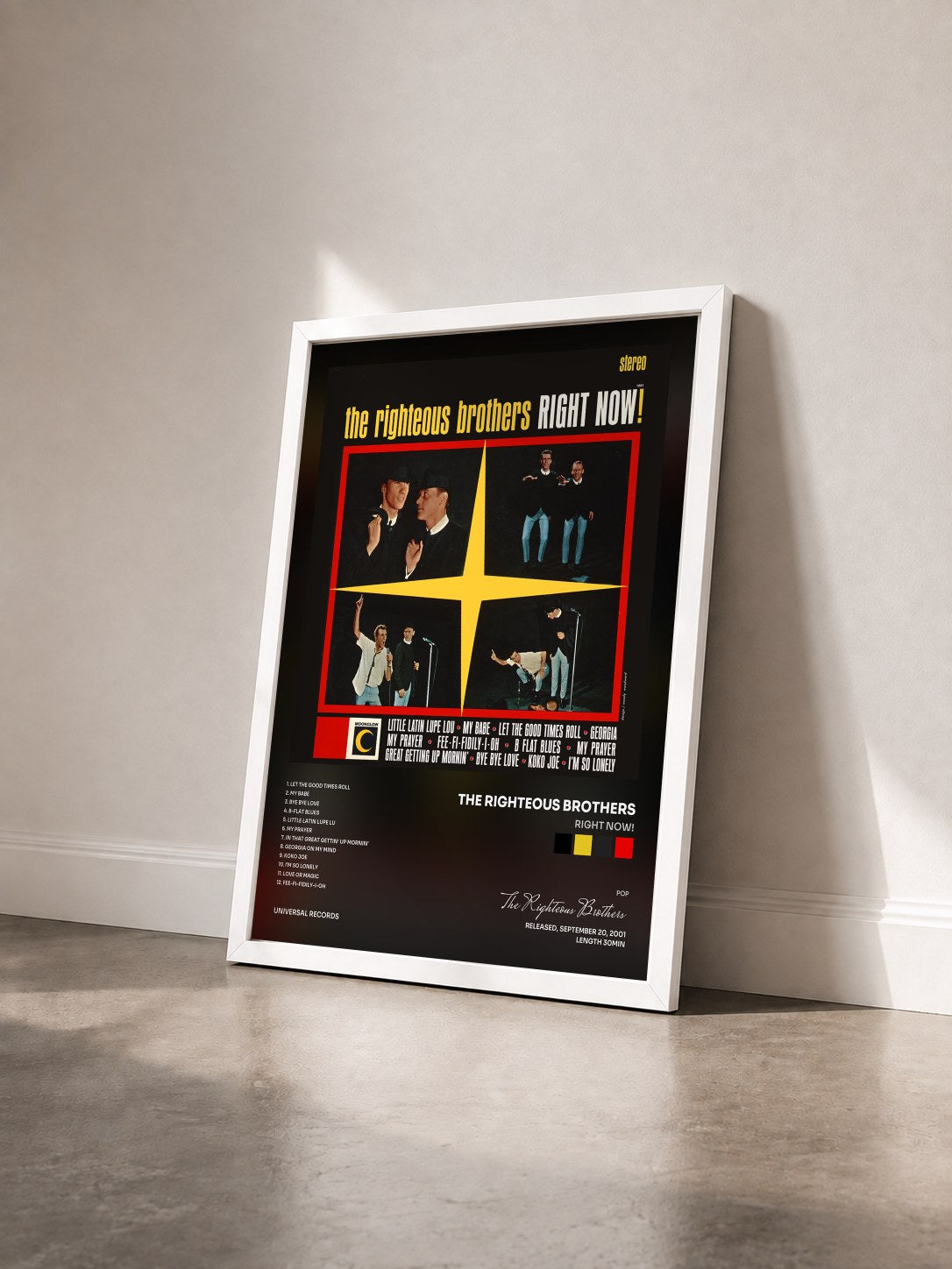 #blanc Tableau de l'album Right Now! de The Righteous Brothers vu de trois quarts, cadre blanc
