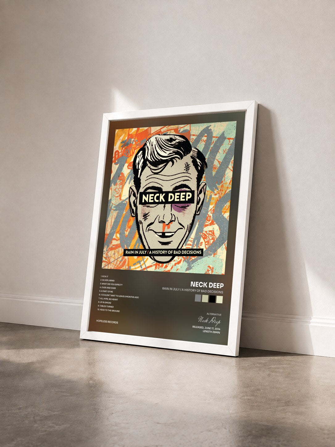 #blanc Tableau de l'album Rain In July / A History Of Bad Decisions de Neck Deep vu de trois quarts, cadre blanc