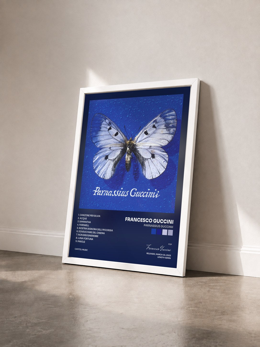 #blanc Tableau de l'album Parnassius Guccinii de Francesco Guccini vu de trois quarts, cadre blanc