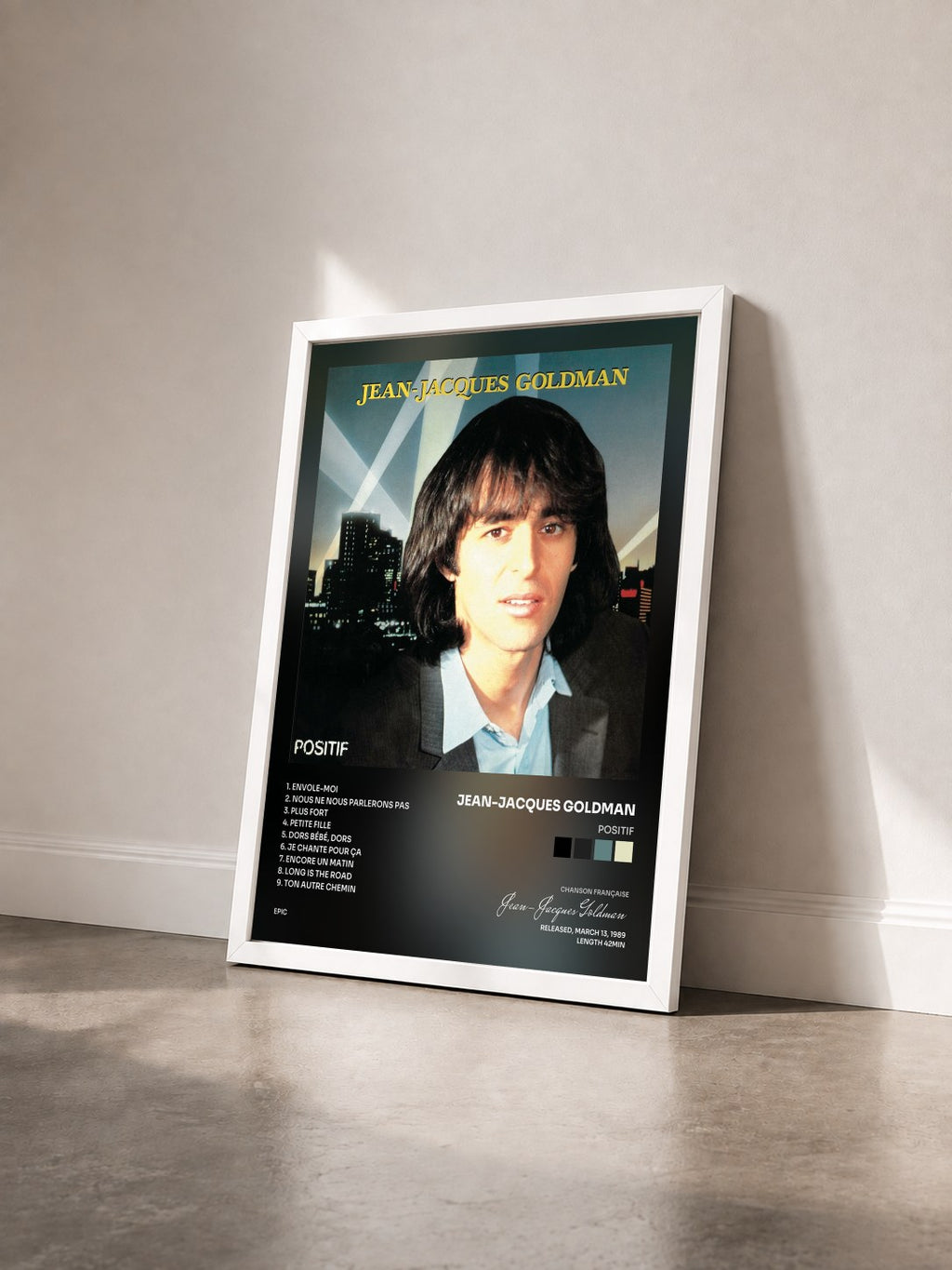 #blanc Tableau de l'album Positif de Jean-Jacques Goldman vu de trois quarts, cadre blanc