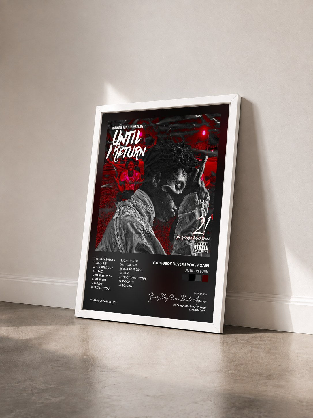 #blanc Until I Return di YoungBoy Never Broke Again in stampa incorniciata vista di tre quarti, cornice bianca