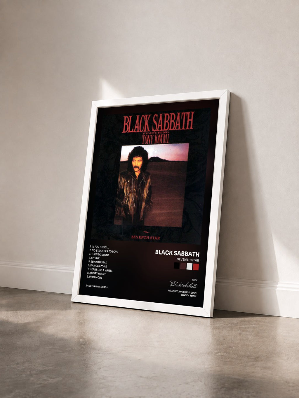 #blanc Tableau de l'album Seventh Star de Black Sabbath vu de trois quarts, cadre blanc