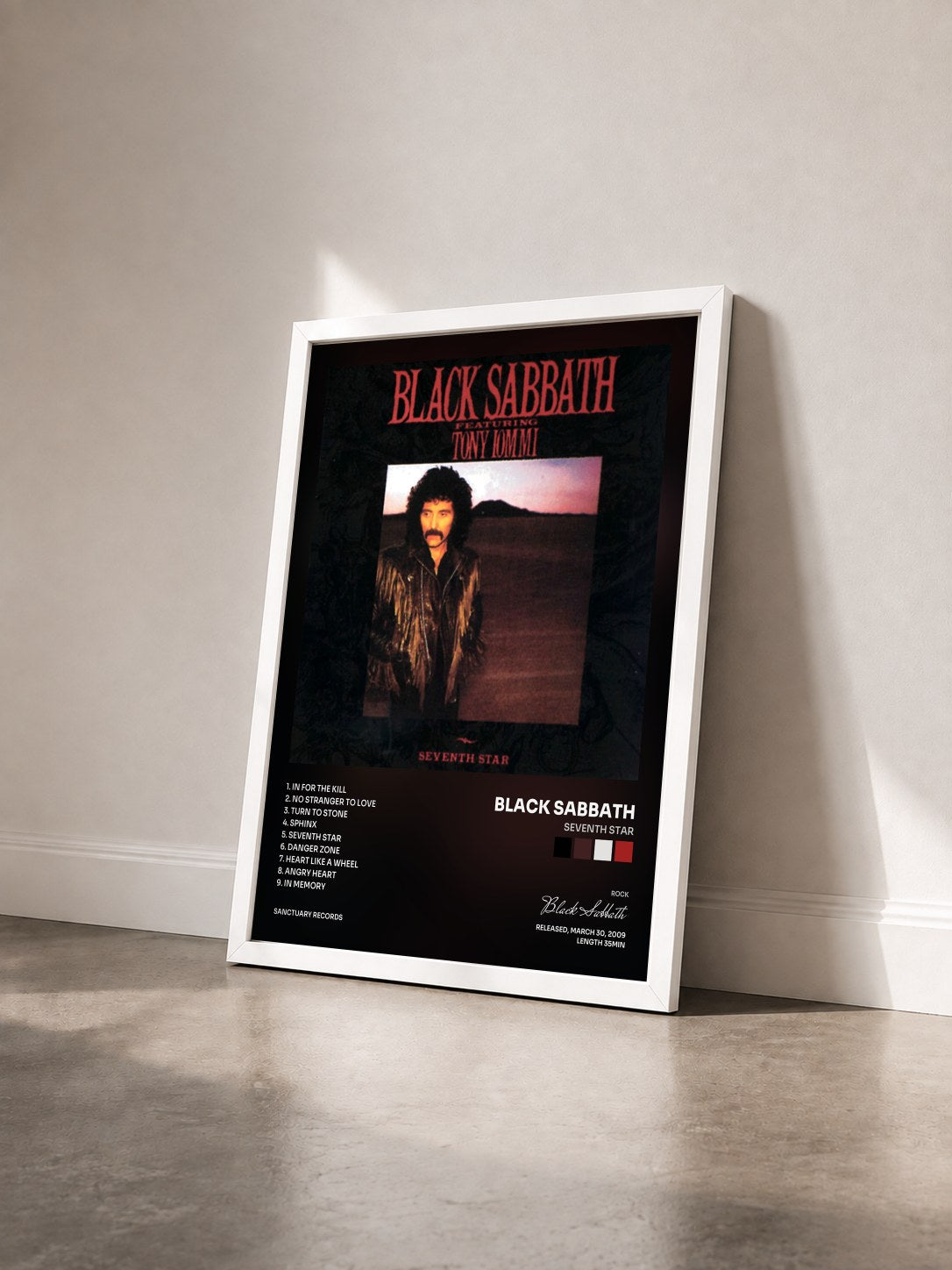 #blanc Tableau de l'album Seventh Star de Black Sabbath vu de trois quarts, cadre blanc