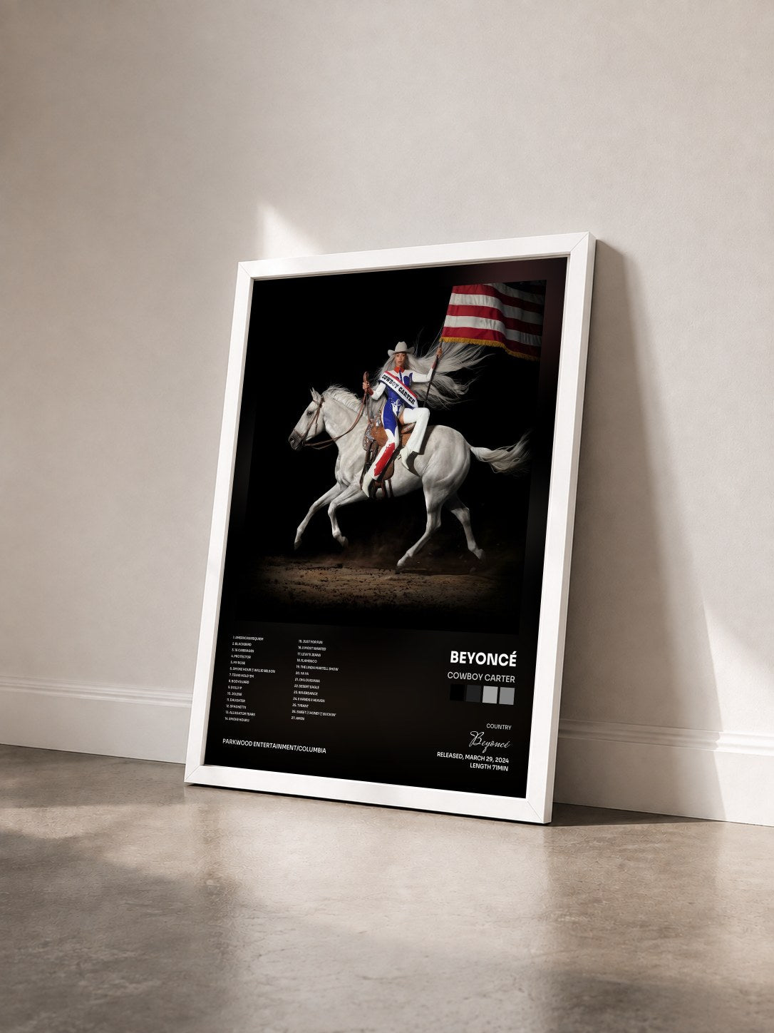 #blanc Tableau de l'album COWBOY CARTER de Beyoncé vu de trois quarts, cadre blanc