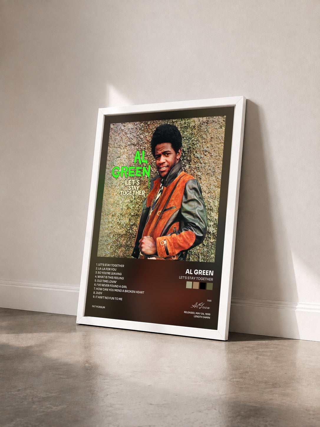 #blanc Tableau de l'album Let's Stay Together de Al Green vu de trois quarts, cadre blanc
