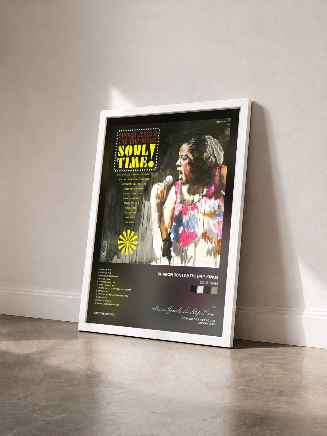 #blanc Tableau de l'album Soul Time! de Sharon Jones & The Dap-Kings vu de trois quarts, cadre blanc