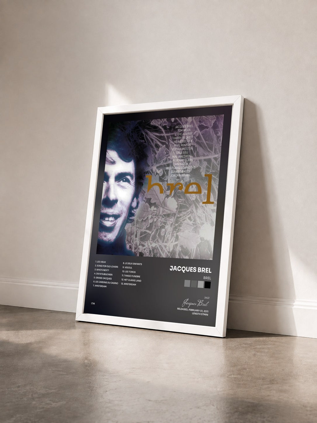 #blanc Tableau de l'album Brel de Jacques Brel vu de trois quarts, cadre blanc