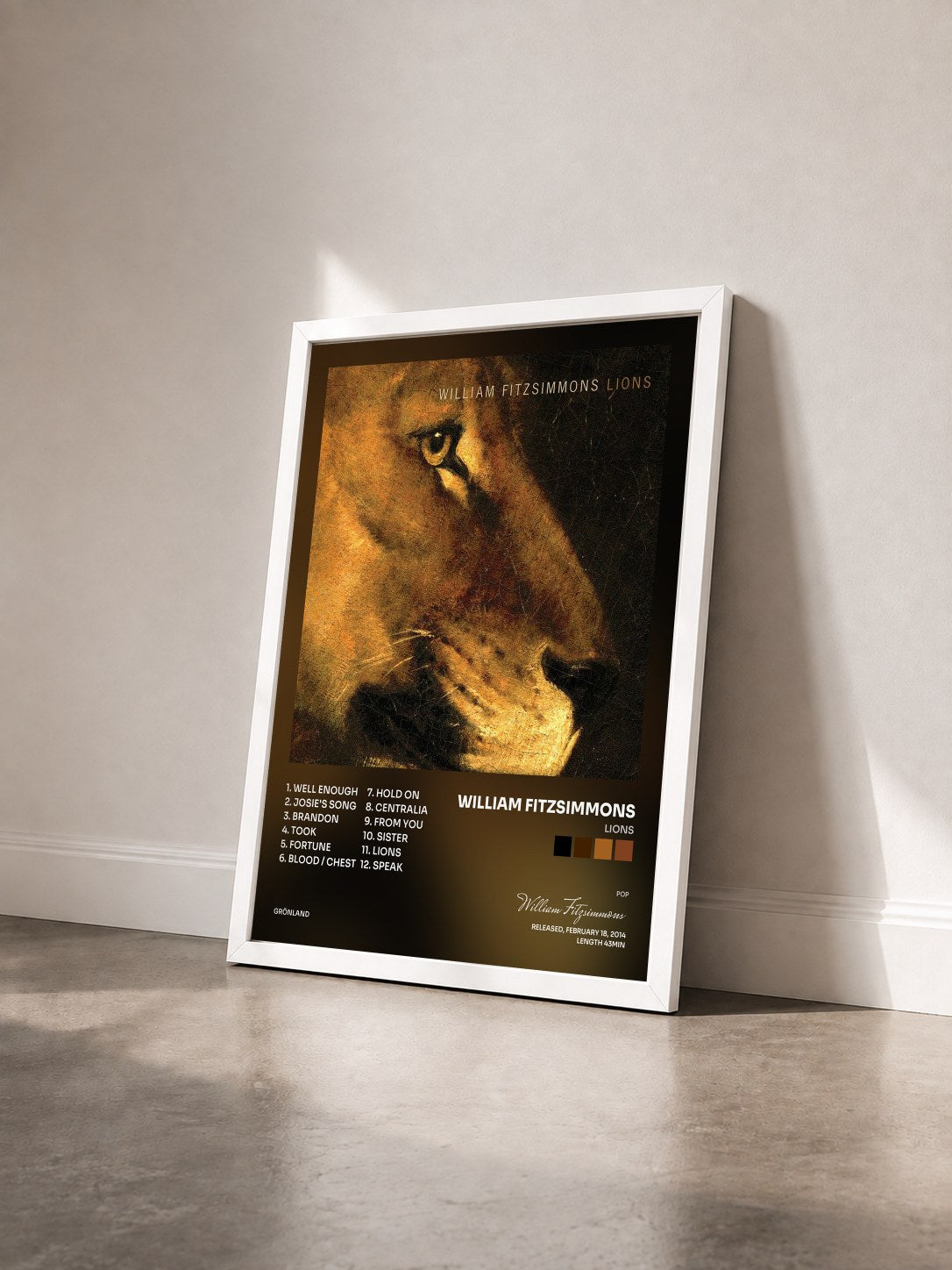 #blanc Tableau de l'album Lions de William Fitzsimmons vu de trois quarts, cadre blanc