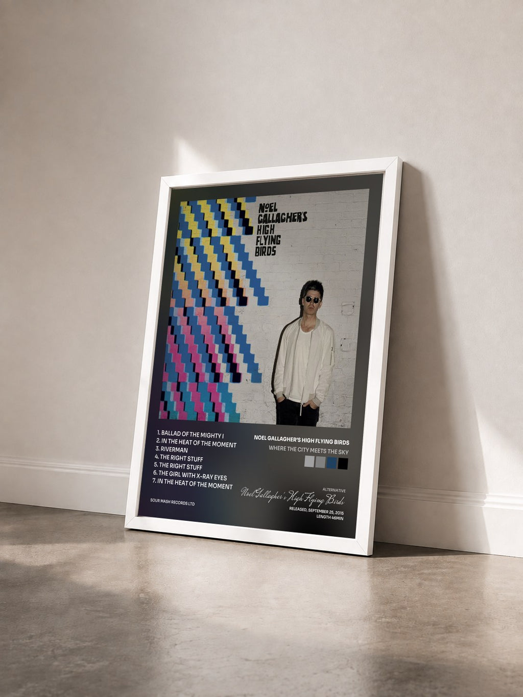 #blanc Tableau de l'album Where the City Meets the Sky de Noel Gallagher's High Flying Birds vu de trois quarts, cadre blanc
