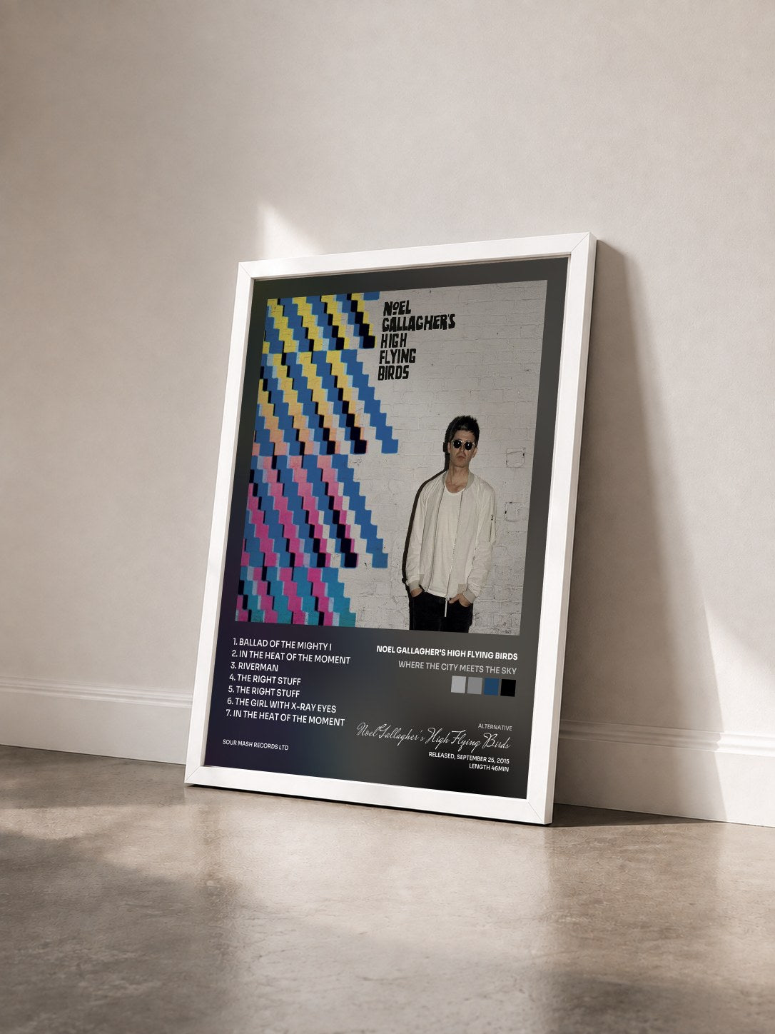 #blanc Tableau de l'album Where the City Meets the Sky de Noel Gallagher's High Flying Birds vu de trois quarts, cadre blanc