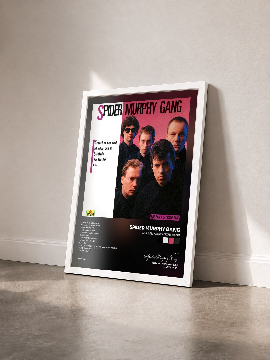 #blanc Tableau de l'album Mir San A Bayrische Band de Spider Murphy Gang vu de trois quarts, cadre blanc