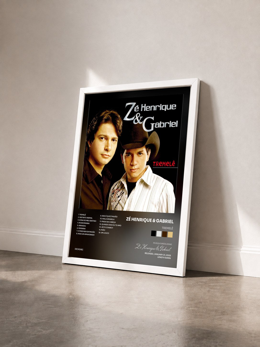 #blanc Tableau de l'album Tremelê de Zé Henrique & Gabriel vu de trois quarts, cadre blanc