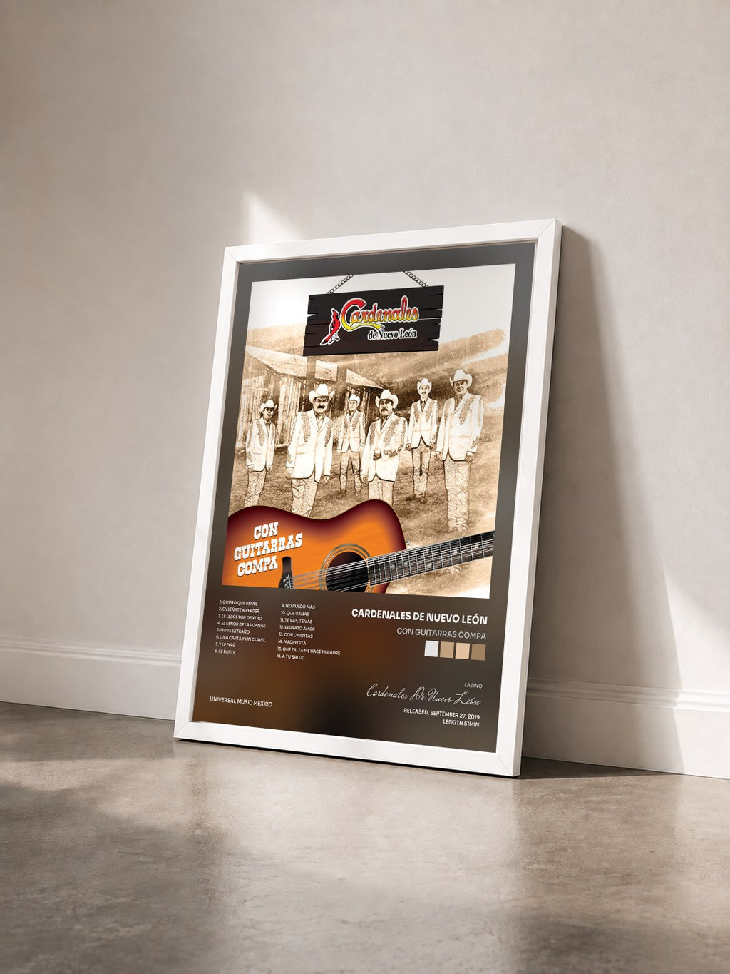#blanc Con Guitarras Compa by Cardenales De Nuevo León as a framed art print seen at an angle, white frame
