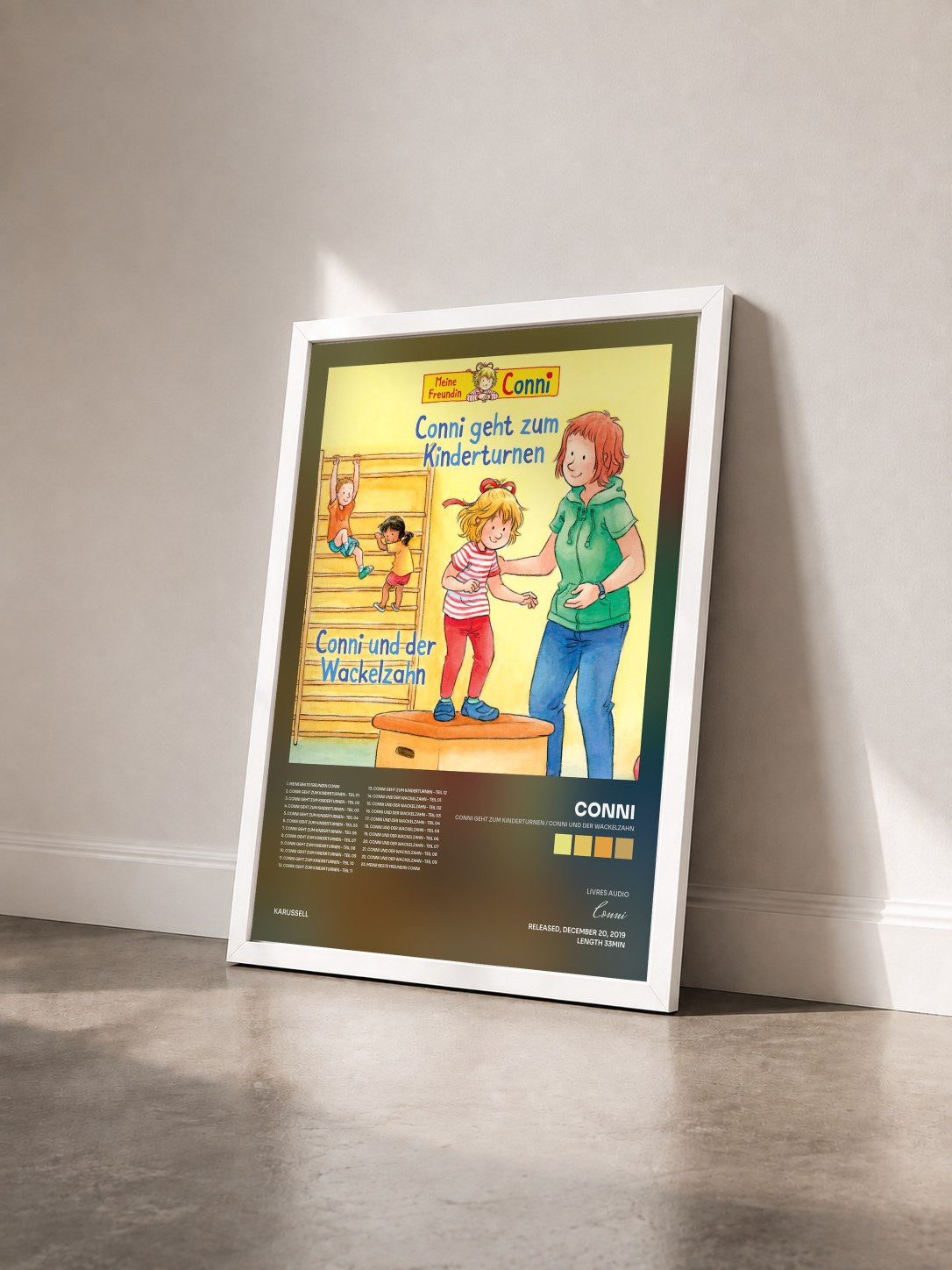 #blanc Tableau de l'album Conni geht zum Kinderturnen / Conni und der Wackelzahn de Conni vu de trois quarts, cadre blanc