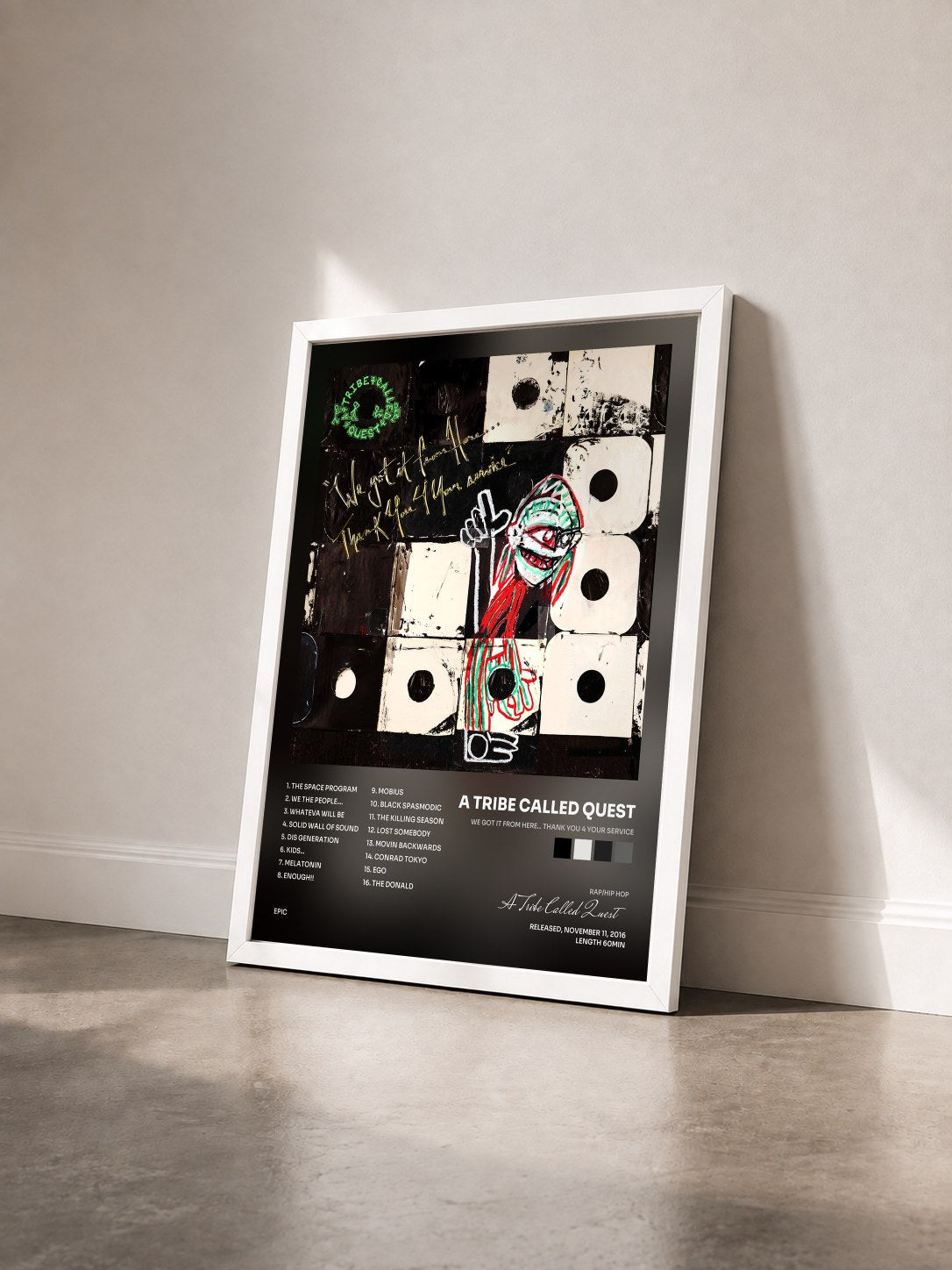 #blanc Tableau de l'album We got it from Here... Thank You 4 Your service de A Tribe Called Quest vu de trois quarts, cadre blanc
