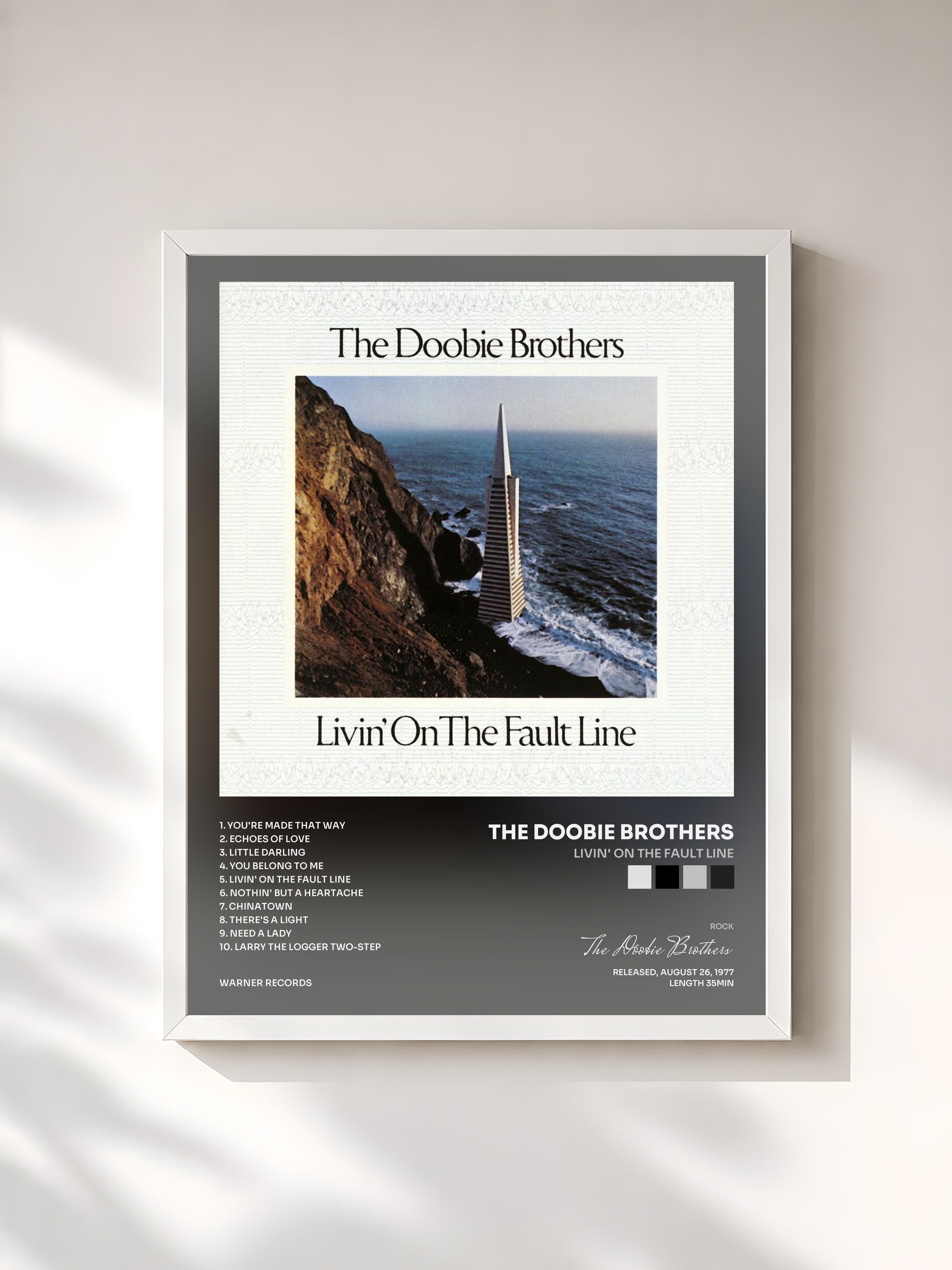 #blanc Tableau de l'album Livin' on the Fault Line de The Doobie Brothers, cadre blanc, imprimé et encadré en France