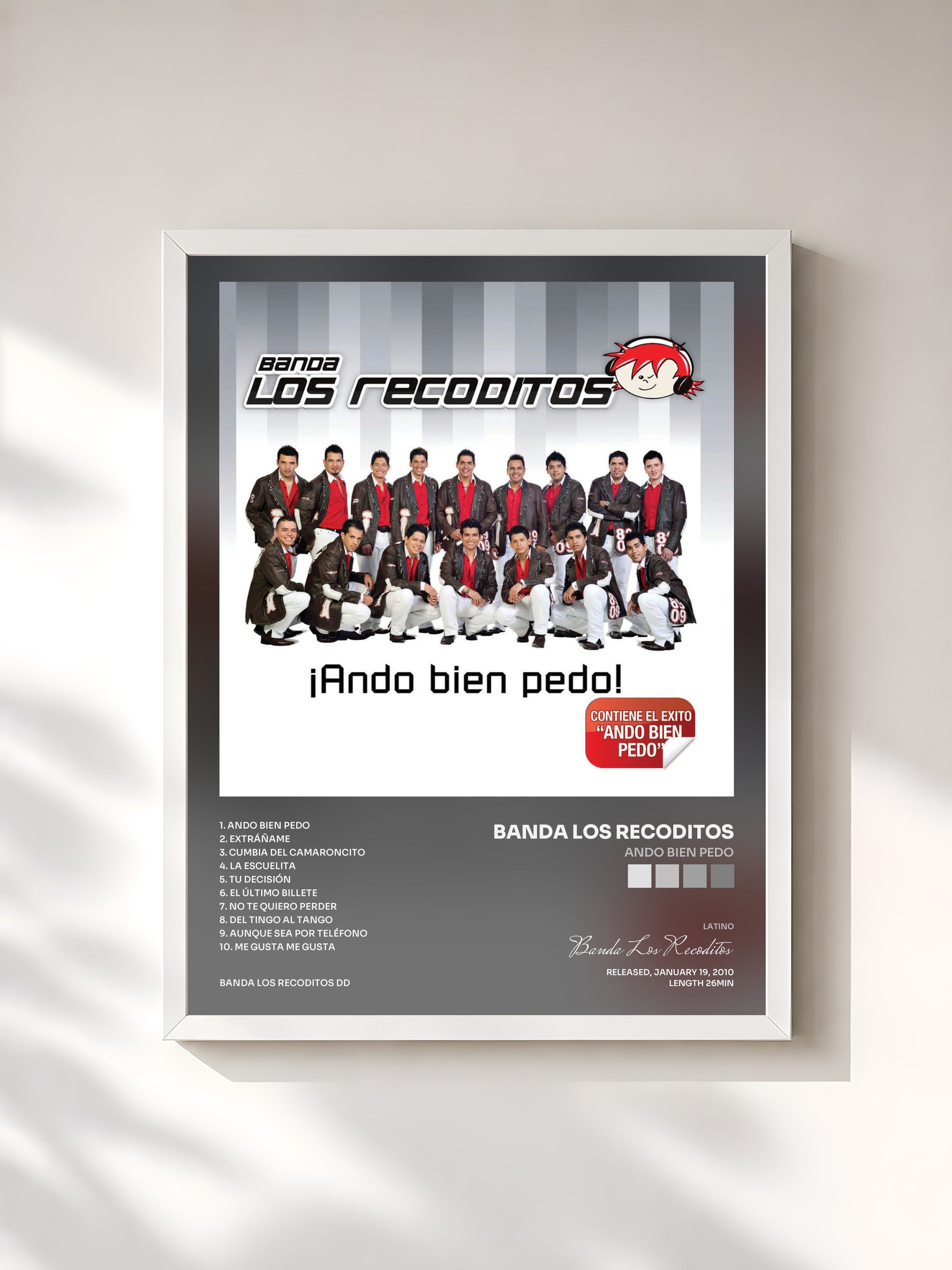#blanc Tableau de l'album Ando Bien Pedo de Banda Los Recoditos, cadre blanc, imprimé et encadré en France
